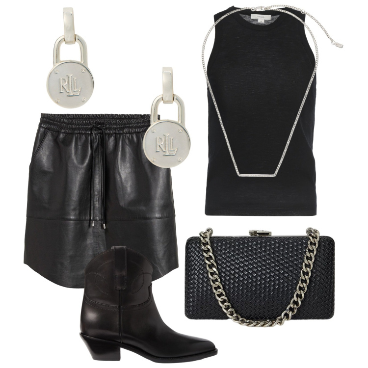 Outfit donna - Rock. Stile Rock per Serata fuori. Abbinamento con gonne, top, orecchini, stivaletti, clutch, collane.
