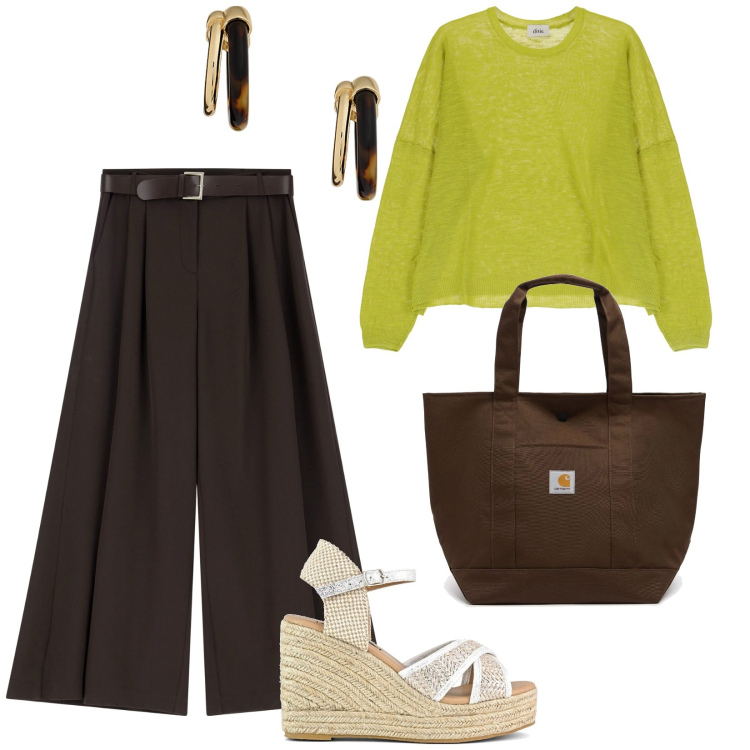 Outfit donna - Marrone e verde. per Scuola/Università. Abbinamento con pantaloni a palazzo, pullovers, orecchini, zeppe, borse tote.