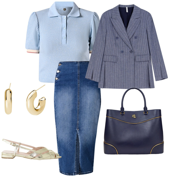 Outfit donna - Pronta per il lavoro. per Ufficio. Abbinamento con blazer, sandali, orecchini, polo, gonne longuette, borse a mano.