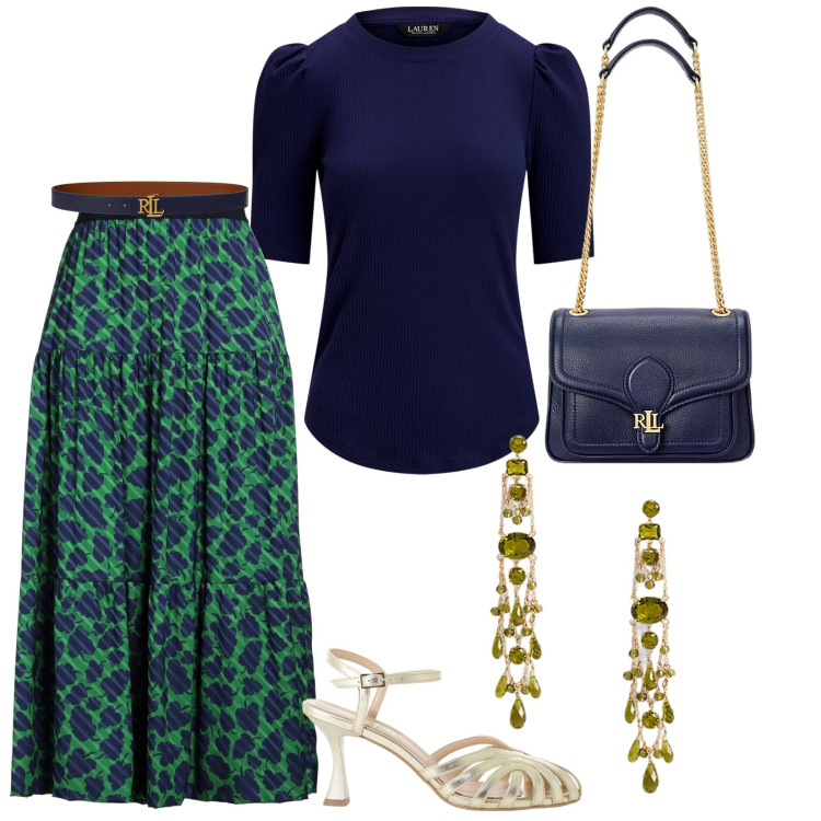Outfit donna - Indossalo quando vuoi. per Tutti i giorni. Abbinamento con gonne lunghe, sandali col tacco, borse a spalla, t-shirt, cinture, orecchini.