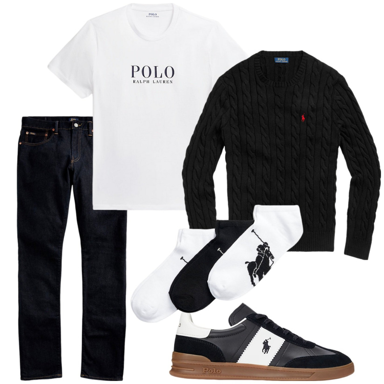 Outfit uomo - PrL. Stile Casual per Tutti i giorni. Abbinamento con jeans, sneakers, calzini, t-shirt, maglieria.