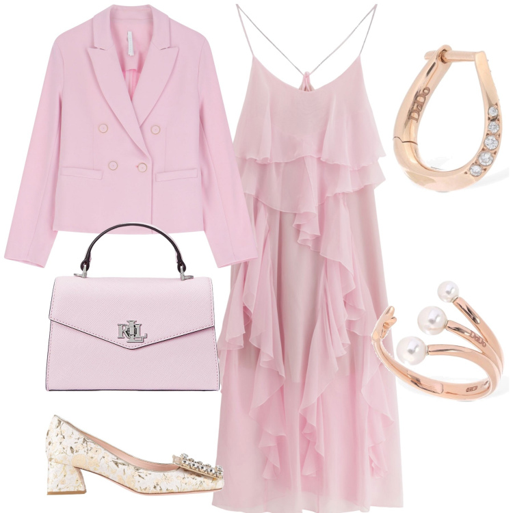 Outfit donna - In rosa al matrimonio. Stile Bon Ton per Cerimonia. Abbinamento con décolleté, vestiti lunghi, blazer, borse a mano, anelli, orecchini.