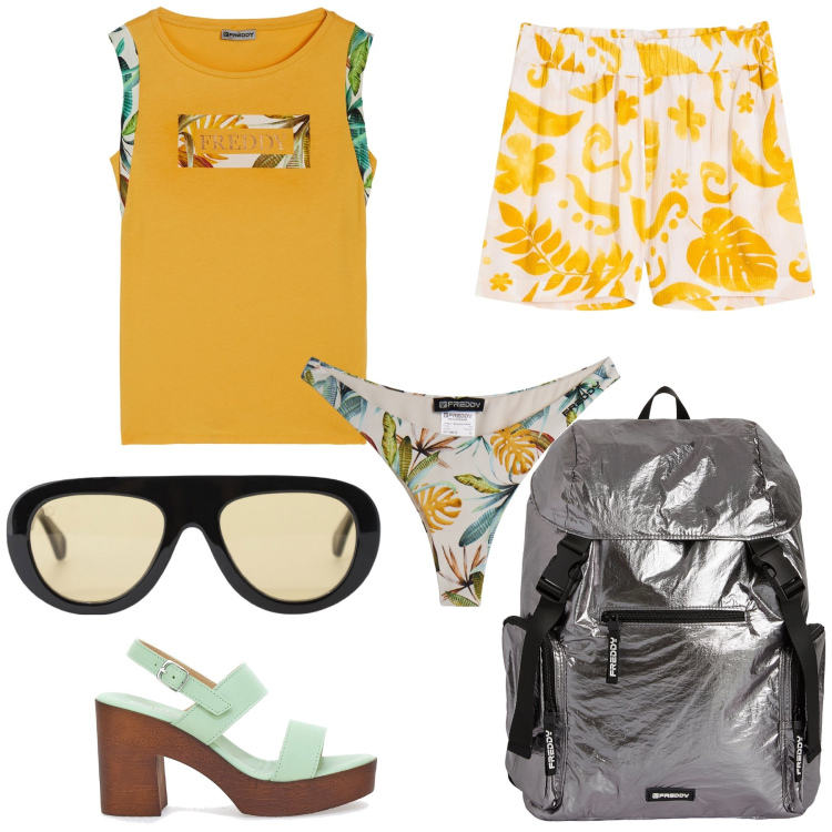 Outfit donna - In allegria verso la spiaggia. Stile Trendy per Mare. Abbinamento con shorts, occhiali da sole, zaini, t-shirt, bikini, zoccoli.