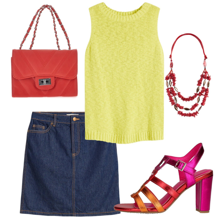 Outfit donna - Aperitivo al mare. Stile Casual chic per Serata fuori. Abbinamento con top, minigonne, sandali col tacco, collane, borse a tracolla.
