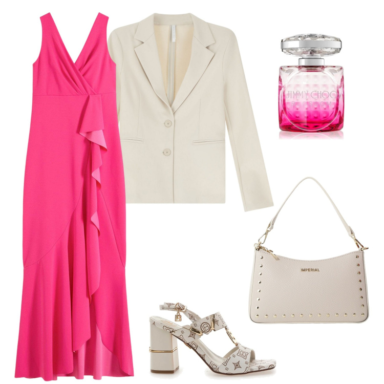 Outfit donna - Abito ciclamino di sera in estate. Stile Casual chic per Serata fuori. Abbinamento con vestiti lunghi, profumi, borse a spalla, blazer, sandali col tacco.