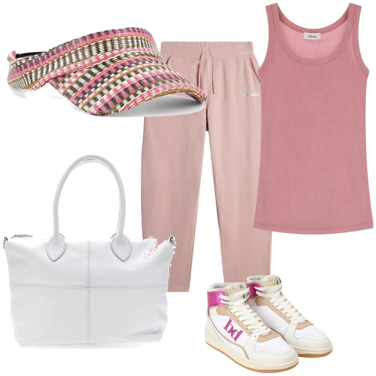 Outfit donna - Passeggiata con originale copricapo. Stile Casual chic per Tutti i giorni. Abbinamento con pantaloni, sneakers alte, canottiere, cappelli con visiera, borse a mano.