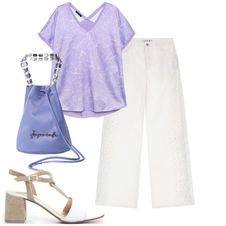 Outfit donna - City. Stile Urban per Tutti i giorni. Abbinamento con pantaloni, borse a secchiello, t-shirt, sandali col tacco.