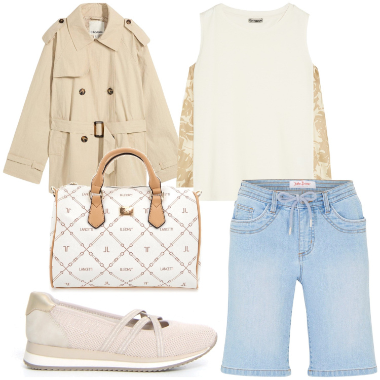 Outfit donna - Pioggia di estate. Stile Urban per Tutti i giorni. Abbinamento con bermuda, trench, canottiere, borse a mano, ballerine.