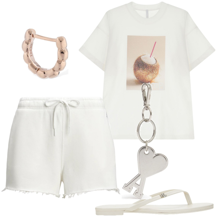 Outfit donna - Serata a casa. Stile Basic per Tutti i giorni. Abbinamento con t-shirt, shorts, ciabatte, orecchini, portachiavi.