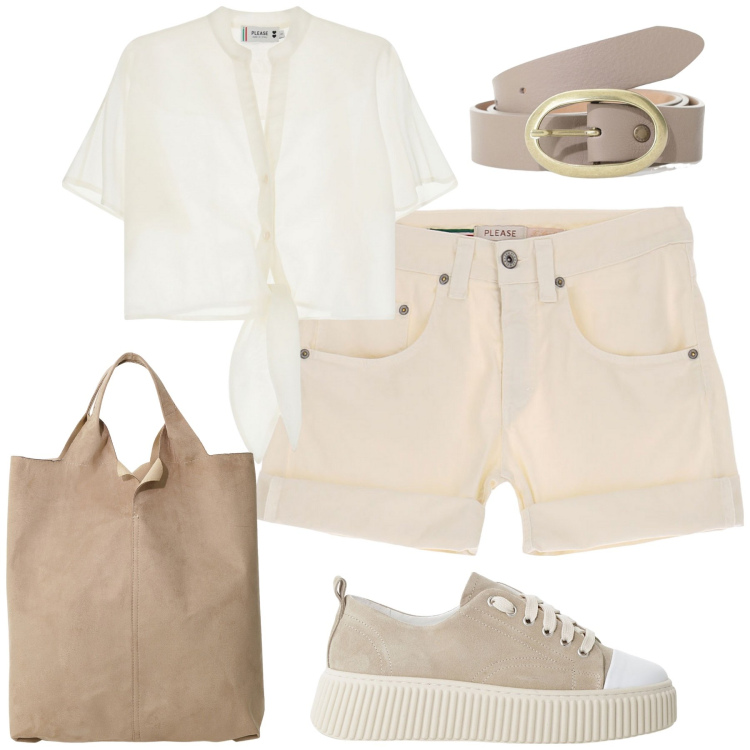 Outfit donna - Toni chiari. Stile Casual chic per Tutti i giorni. Abbinamento con shorts, camicie a manica corta, sneakers, shopping bag, cinture.