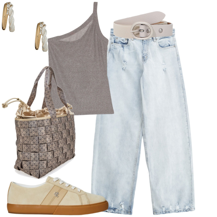 Outfit donna - Giugno. Stile Casual per Tutti i giorni. Abbinamento con jeans, top, cinture, sneakers, orecchini, borse a spalla.