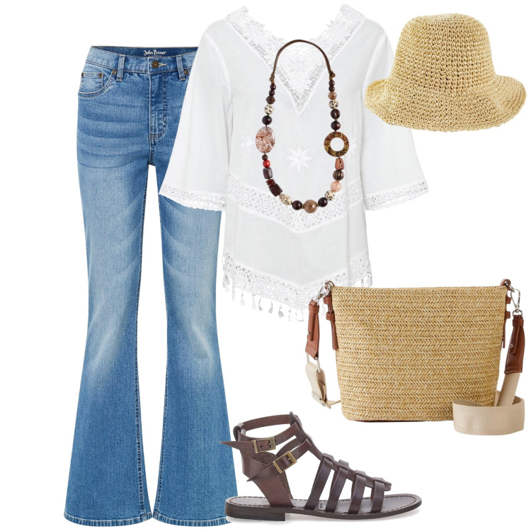 Outfit donna - Un pò boho. Stile Boho per Tutti i giorni. Abbinamento con tuniche, jeans a zampa, borse a tracolla, cappelli, collane, sandali alla schiava.