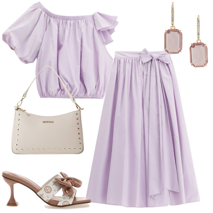 Outfit donna - Imperial summer. Stile Romantica per Tutti i giorni. Abbinamento con gonne lunghe, top, borse a spalla, orecchini, sandali.