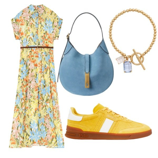 Outfit donna - mercoledì. Stile Casual chic per Ufficio. Abbinamento con vestiti lunghi, borse a spalla, braccialetti, sneakers.