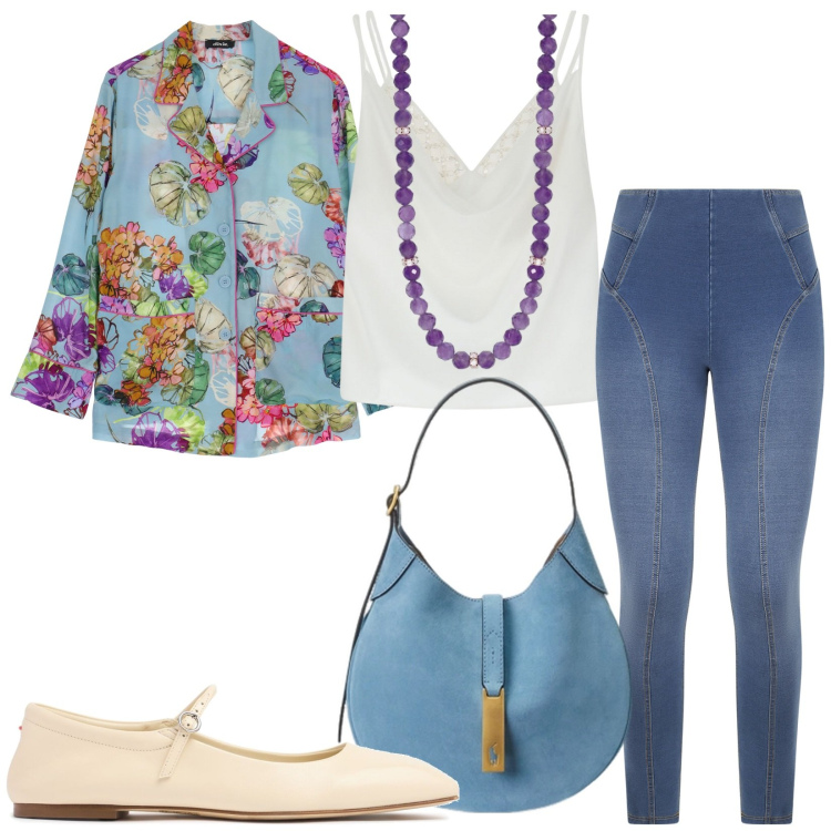 Outfit donna - Shopping in centro. Stile Casual chic per Tutti i giorni. Abbinamento con collane, canottiere, jeggings, camicie, borse a spalla, sandali in pelle.