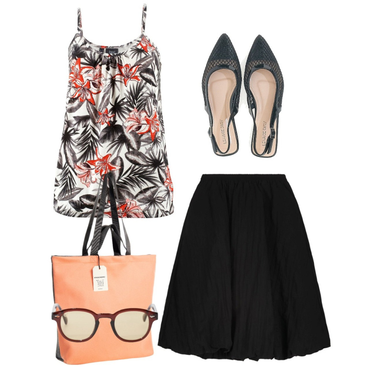 Outfit donna - Ballerine. Stile Bon Ton per Ufficio. Abbinamento con top, borse tote, occhiali da sole, ballerine, gonne longuette.
