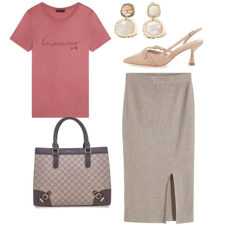 Outfit donna - Spacchetto. Stile Chic per Ufficio. Abbinamento con gonne, orecchini, t-shirt, borse a tracolla, décolleté.