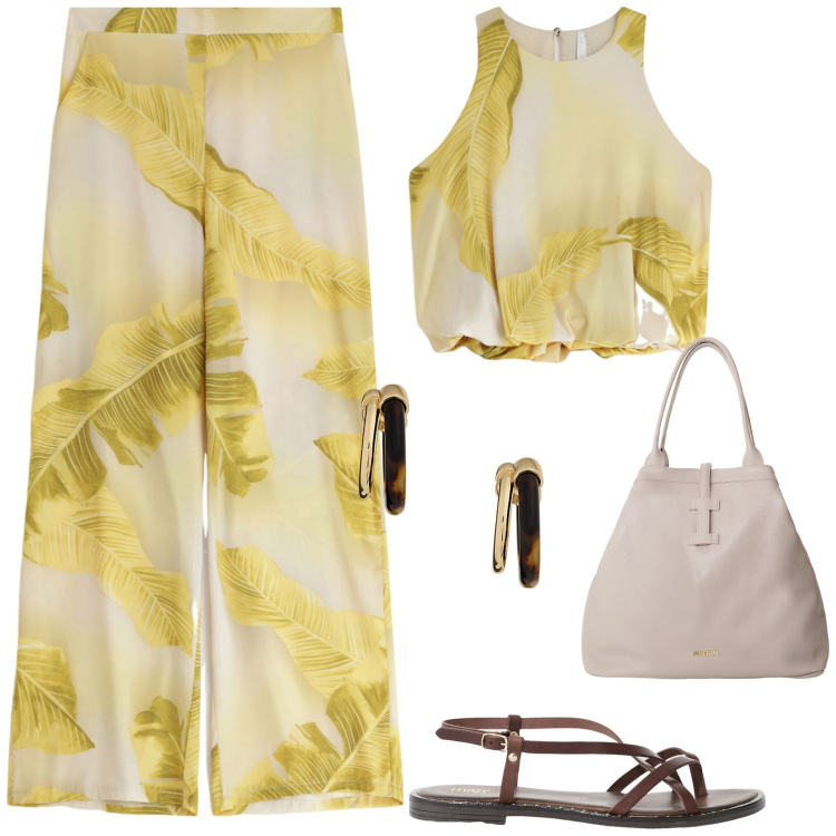 Outfit donna - Imperial estate leggera. Stile Casual chic per Tutti i giorni. Abbinamento con pantaloni, top, borse tote, sandali, orecchini.