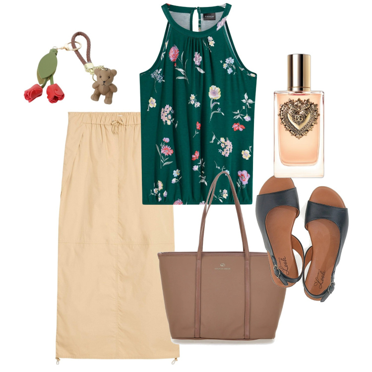Outfit donna - Giugno. Stile Bon Ton per Tutti i giorni. Abbinamento con top, gonne, profumi, ciondoli, sandali in pelle, borse a spalla.