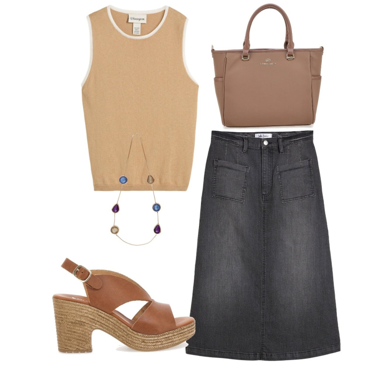 Outfit donna - La collana ci vuole. Stile Bon Ton per Tutti i giorni. Abbinamento con gonne longuette, canottiere, sandali in pelle, borse a tracolla, collane.