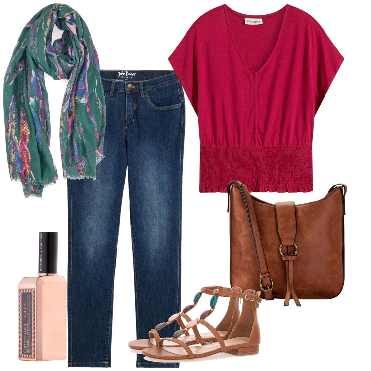 Outfit donna - Giugno. Stile Casual per Tutti i giorni. Abbinamento con maglieria, borse a tracolla, jeans dritti, profumi, sandali gioiello, foulard.