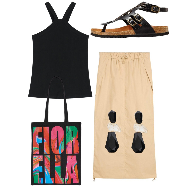 Outfit donna - Aperitivo. Stile Casual chic per Tutti i giorni. Abbinamento con sandali in pelle, gonne, top, orecchini, borse tote.