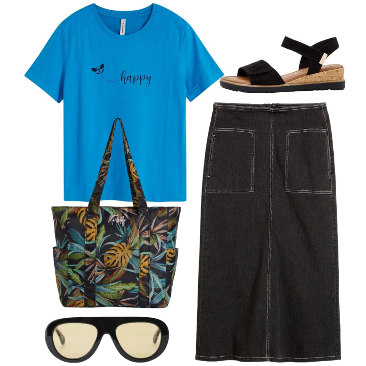Outfit donna - Shopping time. Stile Basic per Tutti i giorni. Abbinamento con gonne longuette, sandali, t-shirt, occhiali da sole, shopping bag.