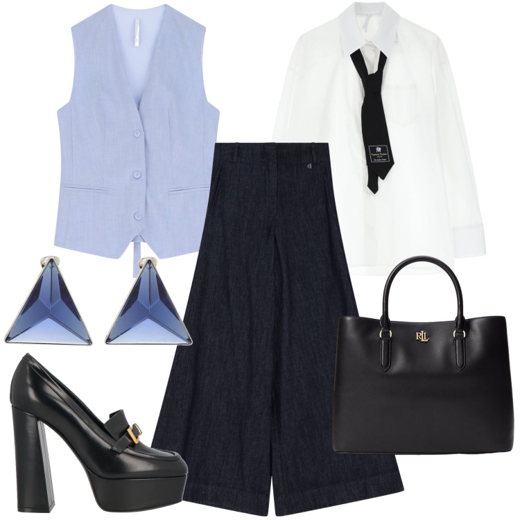Outfit donna - L azzurro che illumina. Stile Chic per Ufficio. Abbinamento con orecchini, mocassini, camicie, gilet, jeans, borse a mano.