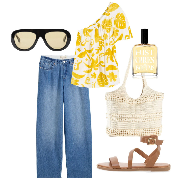 Outfit donna - Giugno monospalla. Stile Casual chic per Tutti i giorni. Abbinamento con jeans, bluse, shopping bag, profumi, occhiali da sole, sandali in pelle.