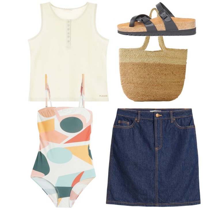 Outfit donna - Al mare in mini. Stile Casual per Mare. Abbinamento con costumi interi, minigonne, shopping bag, canottiere, ciabatte.