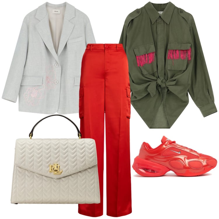 Outfit donna - Borsa da lady scarpe da runner. Stile Trendy per Ufficio. Abbinamento con blazer, camicie, pantaloni cargo, borse a mano, sneakers.