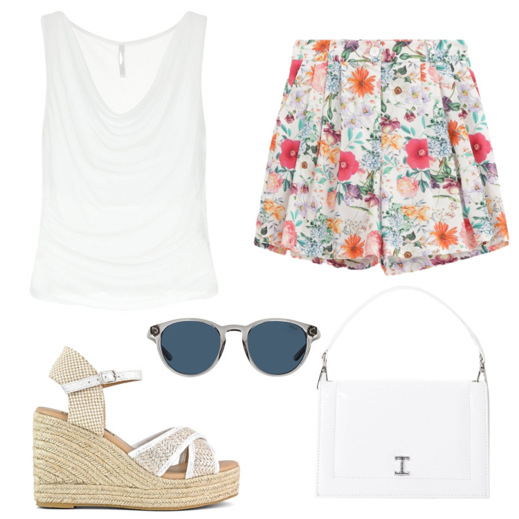 Outfit donna - Shorts fantasia. Stile Casual chic per Tutti i giorni. Abbinamento con top, borse a tracolla, pantaloni corti, occhiali da sole, zeppe.