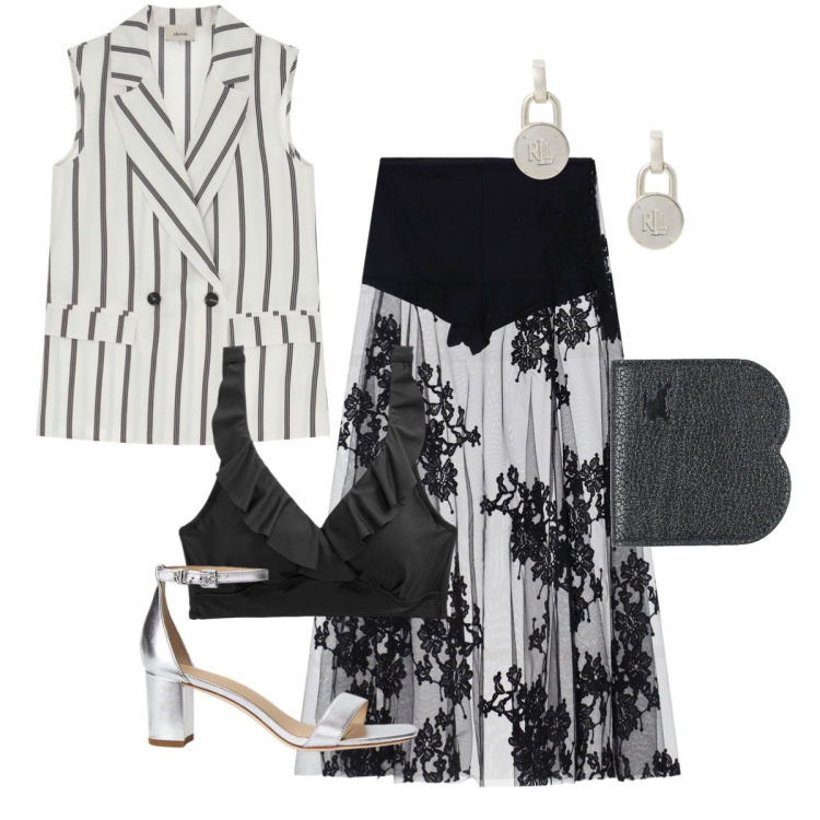 Outfit donna - outfit fashion apericena pizzo. Stile Glamour per Tutti i giorni. Abbinamento con portafogli, gilet, gonne lunghe, orecchini, sandali in pelle, top.