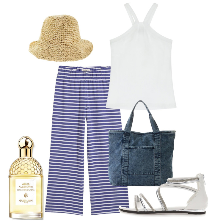 Outfit donna - Giugno in Provenza. Stile Bon Ton per Tutti i giorni. Abbinamento con cappelli, pantaloni, shopping bag, profumi, top, sandali.