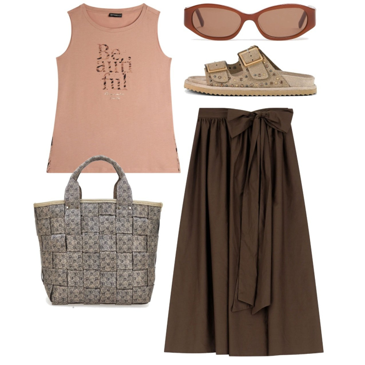 Outfit donna - Passeggiata. Stile Bon Ton per Tutti i giorni. Abbinamento con gonne lunghe, canottiere, sandali, occhiali da sole, borse a mano.
