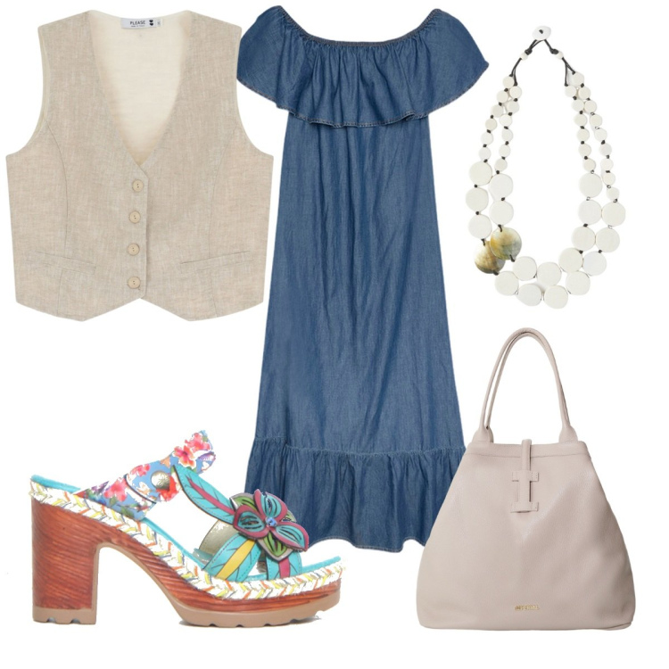 Outfit donna - La tua idea in stile bohémien: in blu. Stile Boho per Tutti i giorni. Abbinamento con gilet, borse tote, vestiti lunghi, ciabatte, ciondoli.