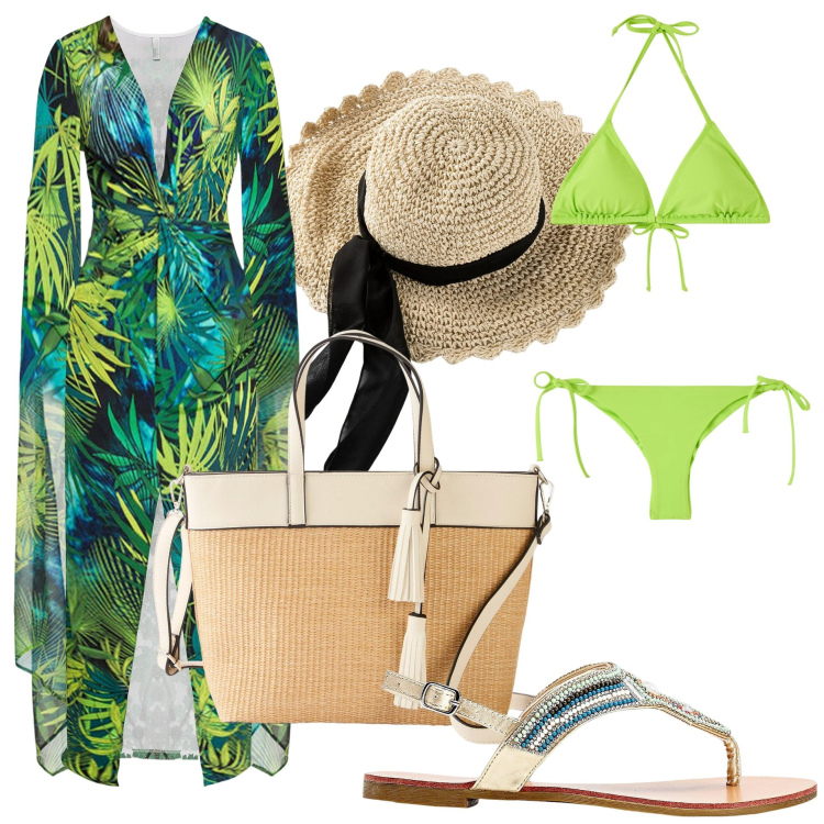 Outfit donna - Lime in spiaggia. Stile Etnico per Mare. Abbinamento con ciabatte, cappelli, vestiti, shopping bag, bikini, bikini.