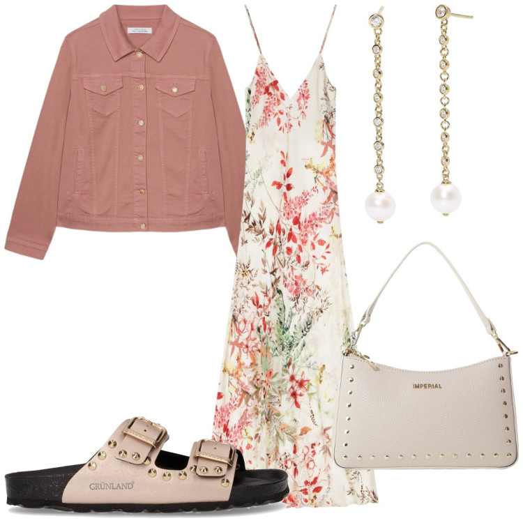 Outfit donna - La tua idea in stile bohémien : a fiori. Stile Boho per Tutti i giorni. Abbinamento con orecchini, vestiti lunghi, borse a spalla, blazer, ciabatte.