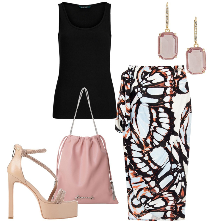 Outfit donna - Serata. Stile Chic per Serata fuori. Abbinamento con sandali col tacco, gonne longuette, borse a secchiello, canottiere, orecchini.