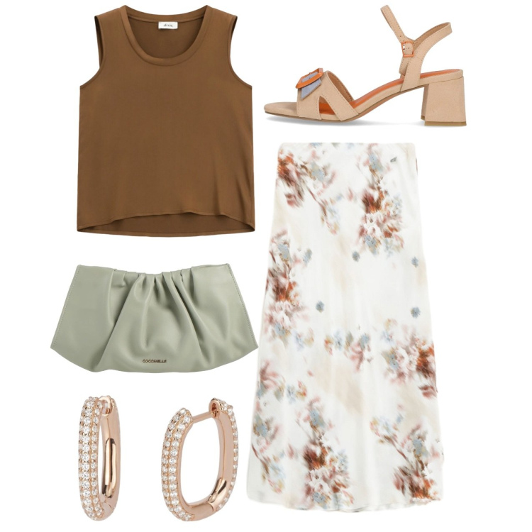 Outfit donna - Romantica. Stile Romantica per Tutti i giorni. Abbinamento con borse a mano, orecchini, top, gonne, sandali col tacco.