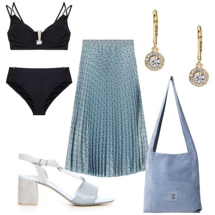 Outfit donna - Gonna lunga e sandali: e sei al mare. Stile Trendy per Mare. Abbinamento con borse a tracolla, gonne lunghe, orecchini, bikini, sandali col tacco.
