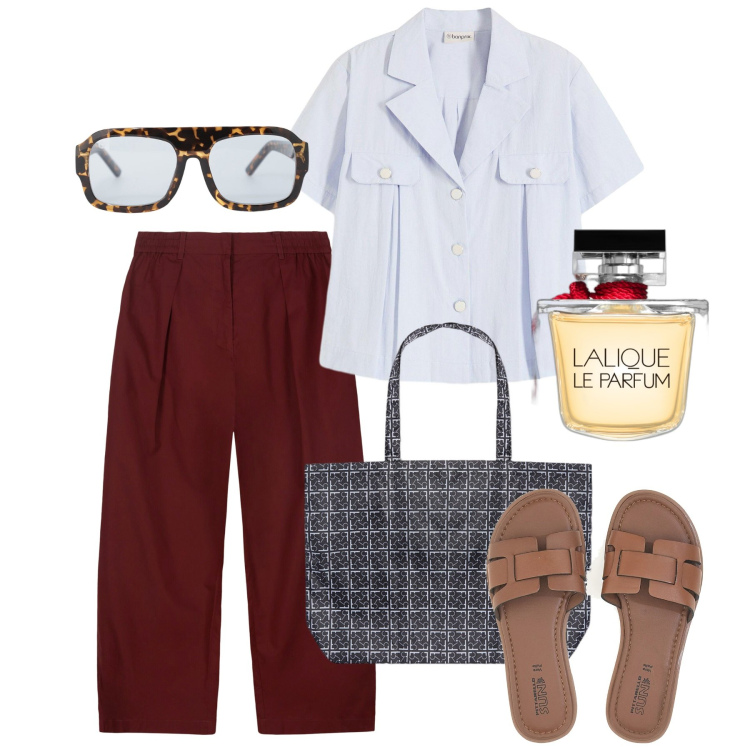 Outfit donna - Mannish comodo a giugno. Stile Mannish per Tutti i giorni. Abbinamento con bluse, profumi, occhiali da sole, shopping bag, ciabatte, pantaloni.