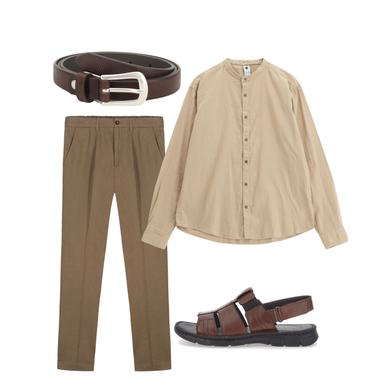 Outfit uomo - Sera estiva. Stile Casual per Tutti i giorni. Abbinamento con cinture, camicie, pantaloni, sandali.
