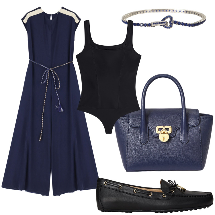 Outfit donna - Ufficio comodo in tuta. Stile Urban per Ufficio. Abbinamento con braccialetti, tute, body, mocassini, borse a mano.