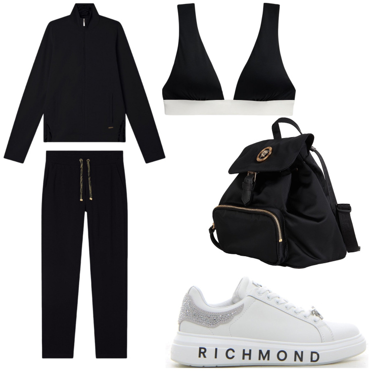 Outfit donna - Tuta classica da sport. Stile Sporty chic per Sport. Abbinamento con zaini, tute, top, sneakers.