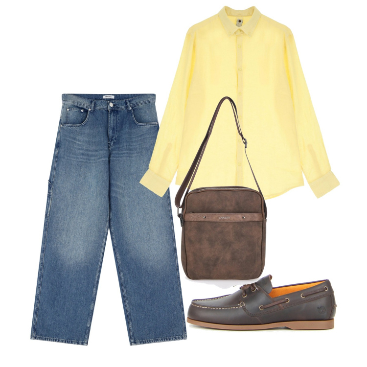 Outfit uomo - Giugno. Stile Casual per Tutti i giorni. Abbinamento con camicie, jeans, portafogli, scarpe stringate.