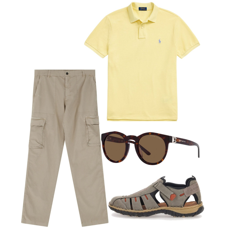 Outfit uomo - Giugno. Stile Casual per Tutti i giorni. Abbinamento con pantaloni cargo, polo, occhiali da sole, sandali.