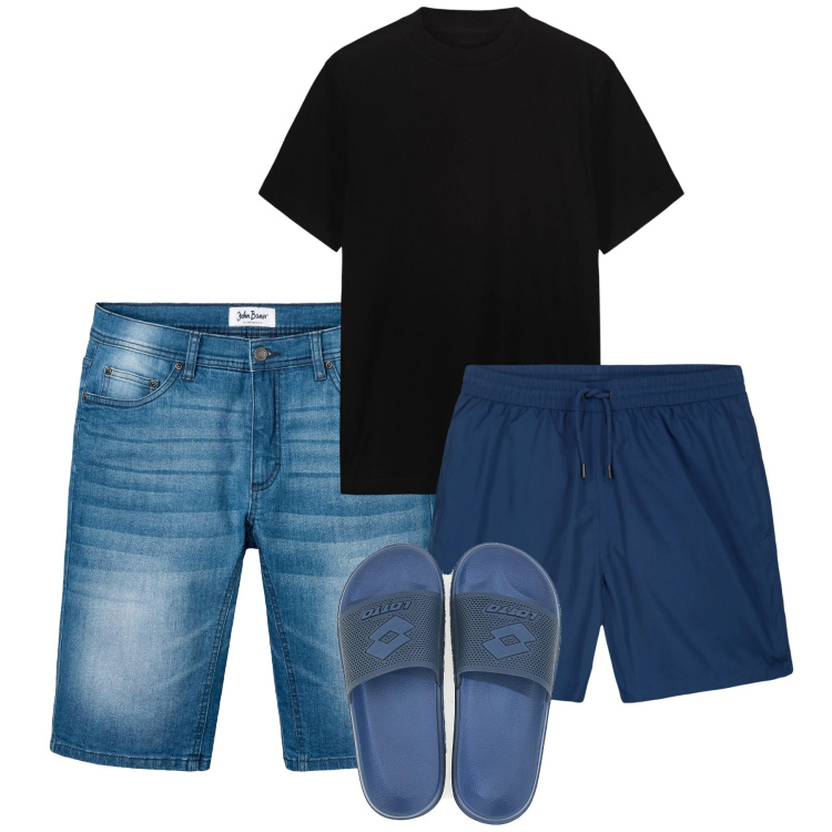 Outfit uomo - Bagnasciuga. Stile Casual per Mare. Abbinamento con bermuda, t-shirt, sandali, costumi.