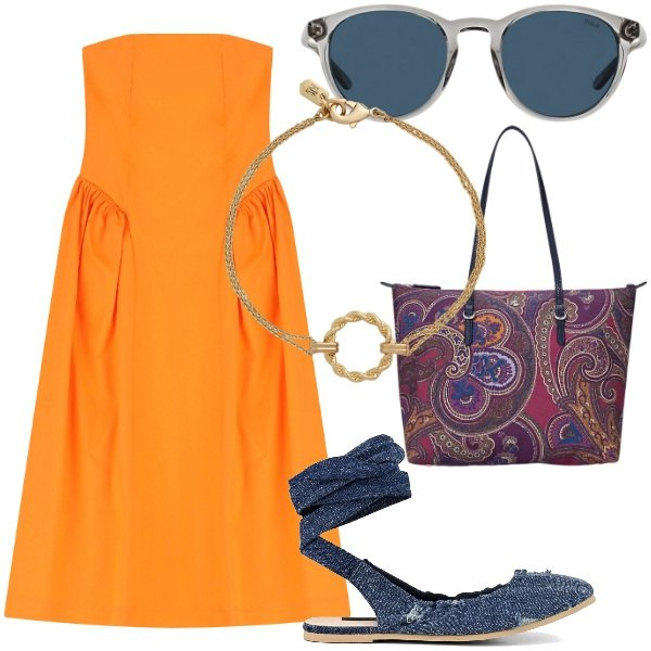 Outfit donna - Imperial Vacation. Stile Casual chic per Tutti i giorni. Abbinamento con vestiti midi/longuette, borse tote, occhiali da sole, braccialetti, ballerine.