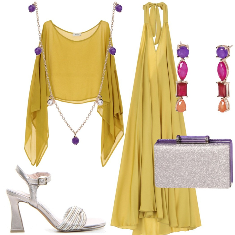 Outfit donna - Cerimonia elegante. Stile Glamour per Cerimonia. Abbinamento con vestiti lunghi, camicie, orecchini, collane, pochette, sandali col tacco.
